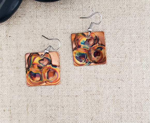 Small Flame Paint Copper Square Earrings