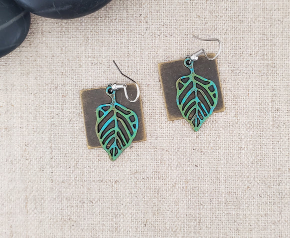 Layered Square Brass Leaf Paint Patina Earrings