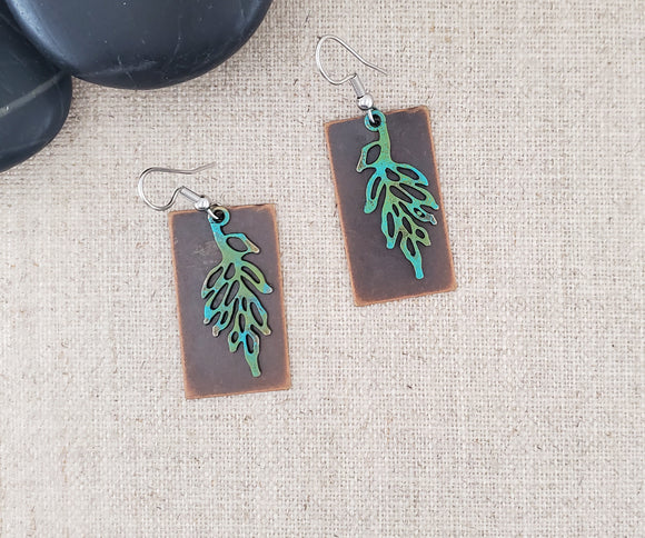 Layered Rectangle Brass Branch Paint Patina Earrings