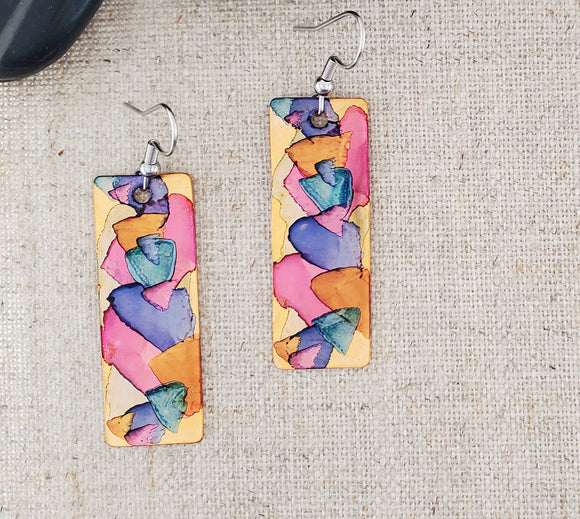 Alcohol Ink Medium Rectangle Earrings-Pink