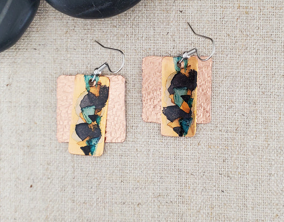 Alcohol Ink Square Small Layer Earrings-Black