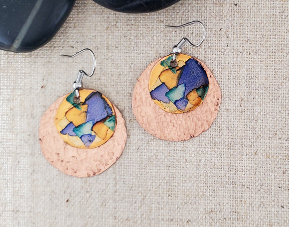 Alcohol Ink Small Circle Layer Earrings-Blue