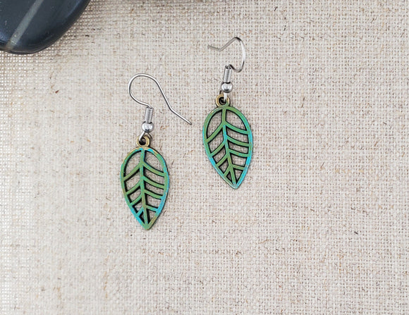 Small Brass Leaf Paint Patina Earrings