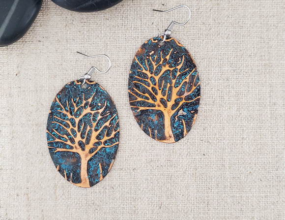 Natural Patina Embossed Medium Oval Copper Tree Earrings