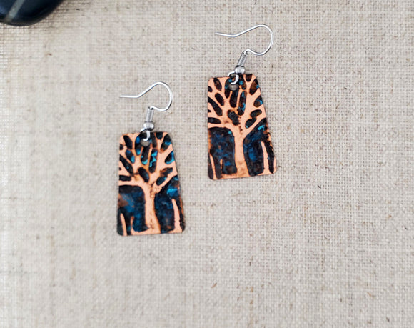 Natural Patina Embossed Small Trapezoid Copper Tree Earrings