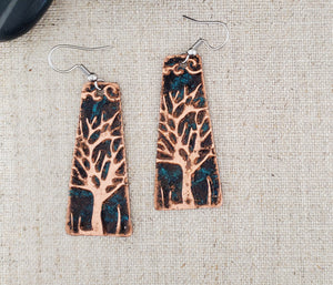 Natural Patina Emboss Large Trapezoid Copper Tree Earrings