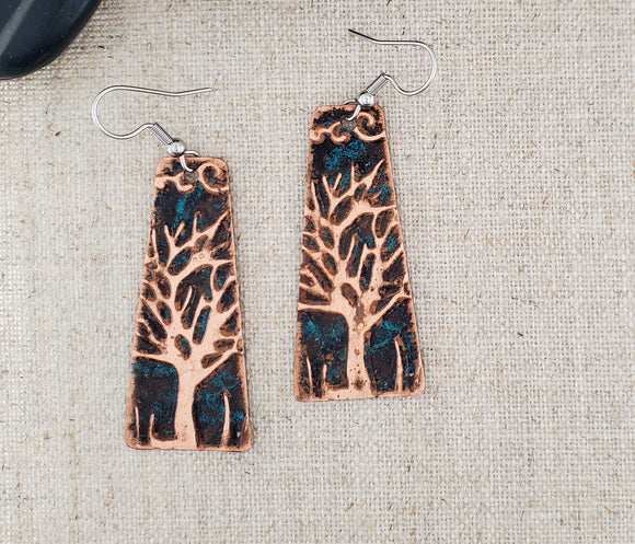 Natural Patina Emboss Large Trapezoid Copper Tree Earrings