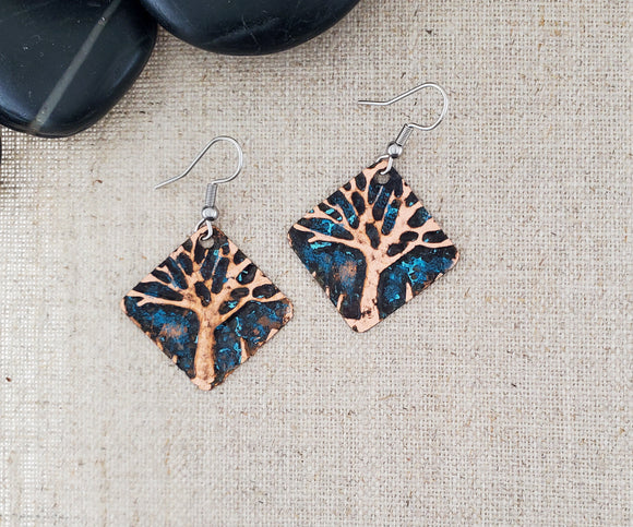 Natural Patina Embossed Small Diamond Copper Tree Earrings