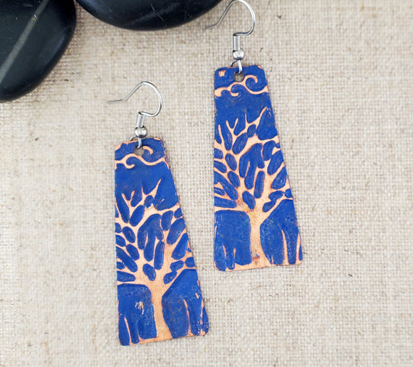 Paint Patina Emboss Large Trapezoid Copper Tree Earrings