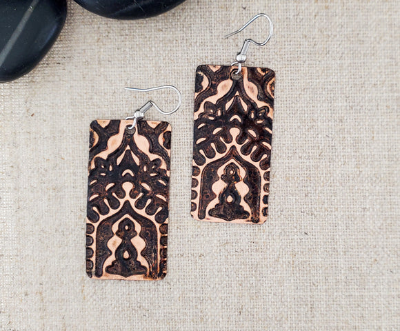 Paint Patina Emboss Large Rectangle Copper Earrings
