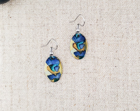 Alcohol Ink Stainless Steel Small Oval Earrings-Blue