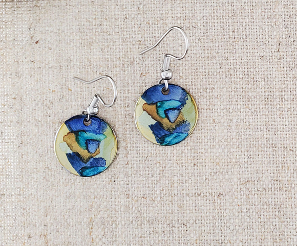Alcohol Ink Stainless Steel Small Circle Earrings-Blue