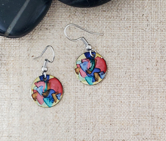 Alcohol Ink Stainless Steel Small Circle Earrings-Red