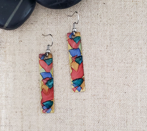 Alcohol Ink Stainless Steel Thin Rectangle Earrings-Red