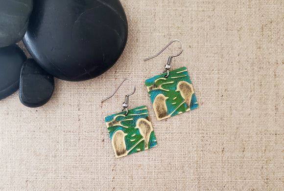 Small Square Embossed Bird Earrings